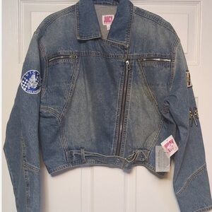 Juicy Couture Blue Denim Moto Jacket with Patch Details